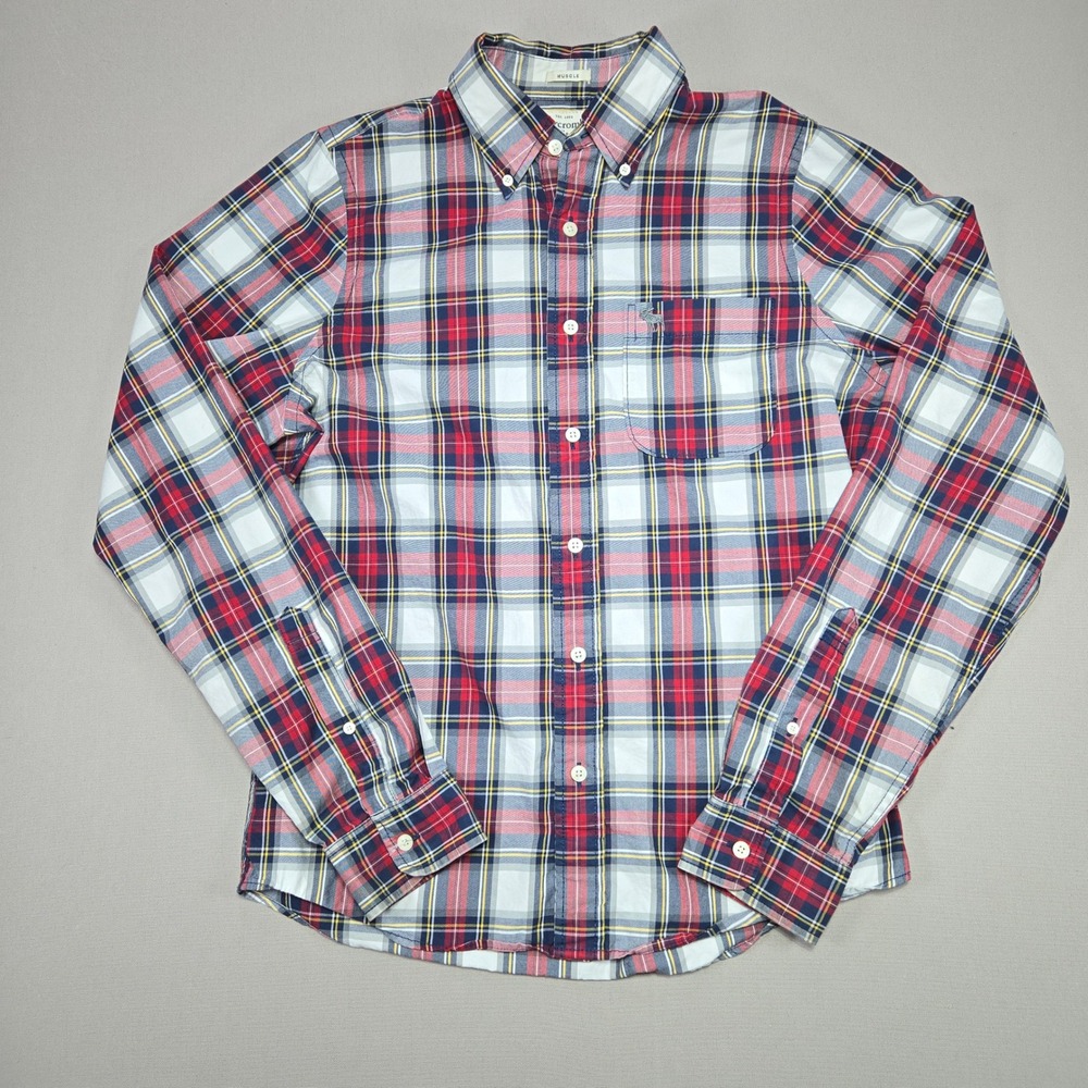 Abercrombie & Fitch Gray Moose logo Mens Plaid‎ Button Down Long Sleeve  Large